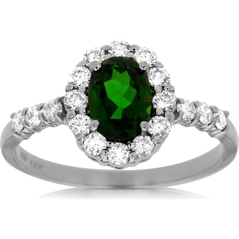 14K White Gold Oval Russalite and Diamond Halo Ring - 0.95 Carat Russalite and 0.47 Carat Total Diamond Weight - Royal Jewelry