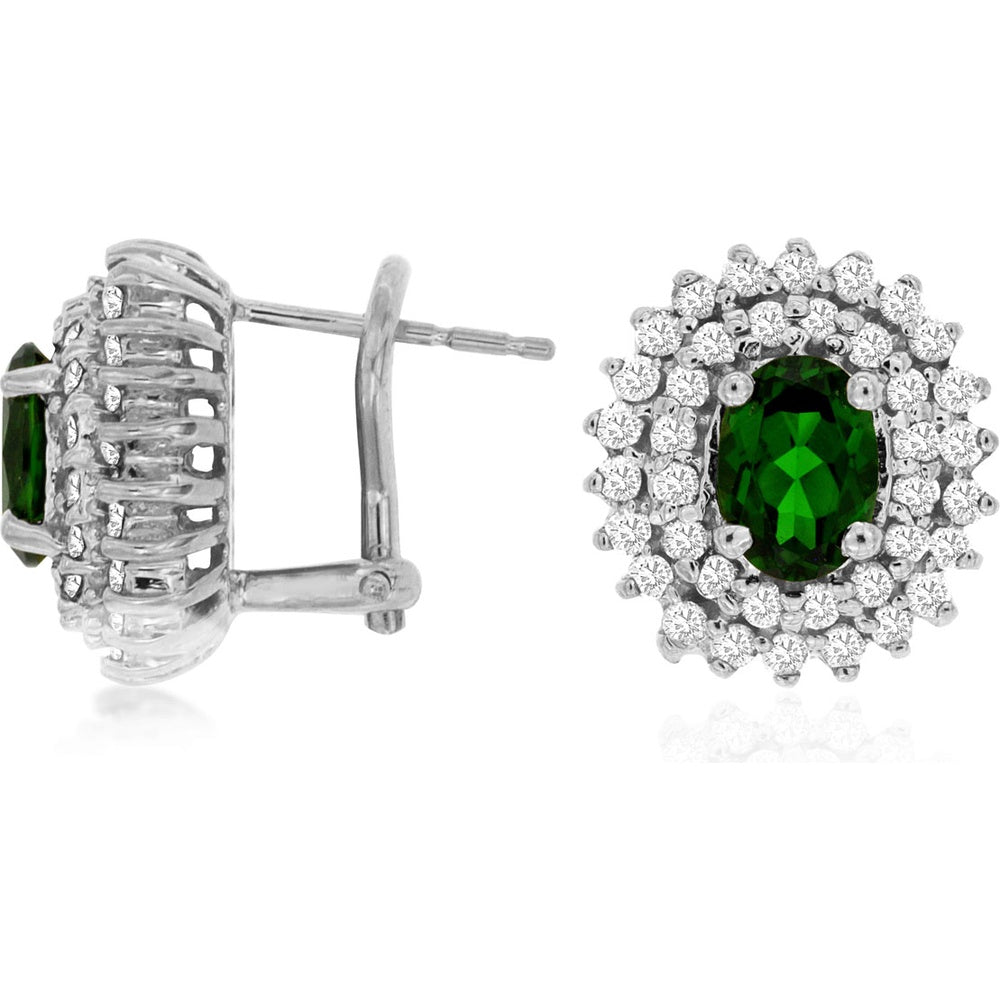 14K White Gold Oval Russalite and Double Diamond Halo Stud Earrings with Omega Backs - 1.90 Carat Total Russalite Weight, 1.14 Carat Total Diamond Weight - Royal Jewelry
