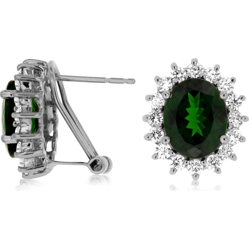14K White Gold Oval Russalite Halo Earrings with Omega Backs and 1.25 Carat Total Diamond Weight - 5.20 Carat Total Russalite Weight - Royal Jewelry