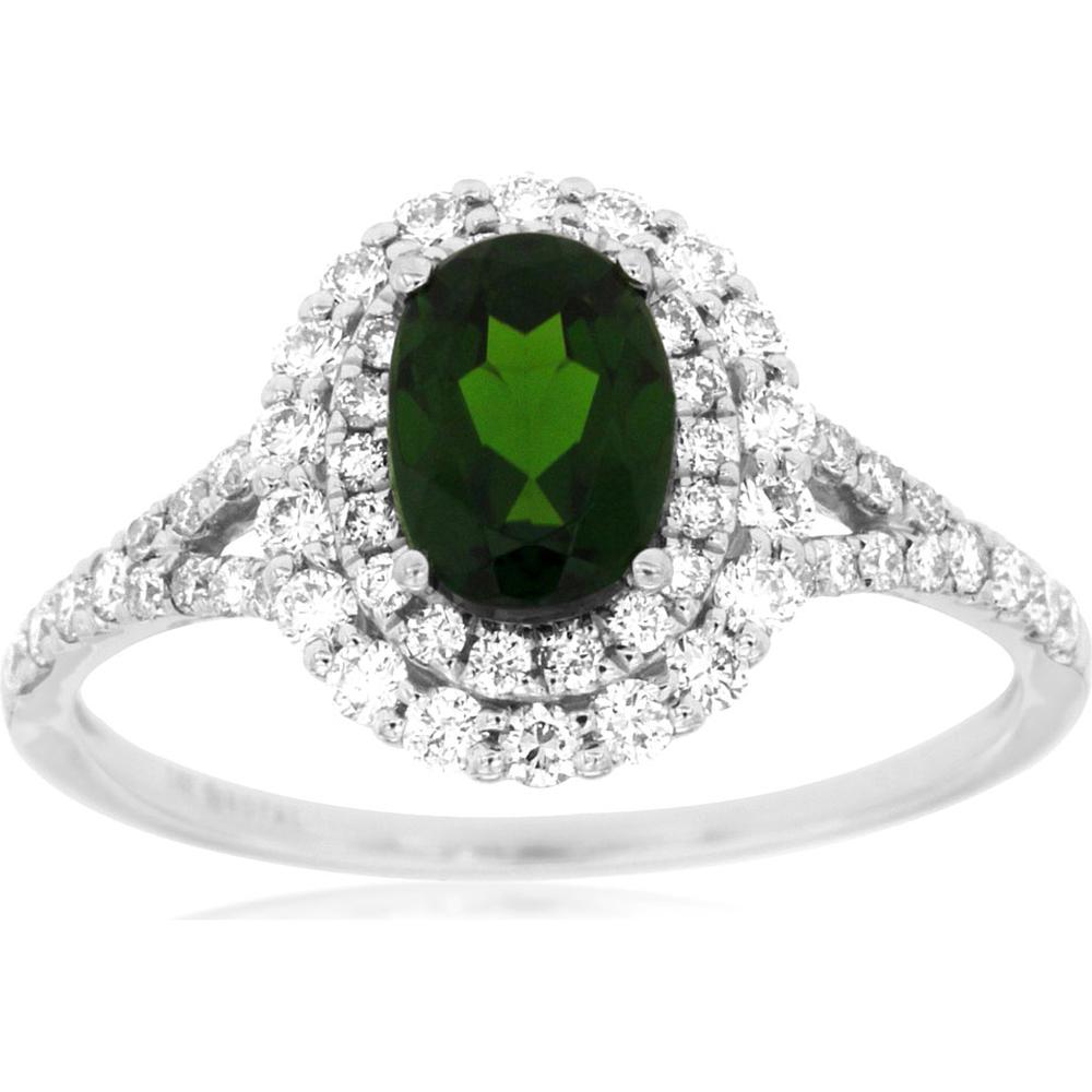 14K White Gold Oval Russalite Ring with Diamond Halo and Split Shank - 0.95 Carat Russalite and 0.50 Carat Total Diamond Weight - Royal Jewelry