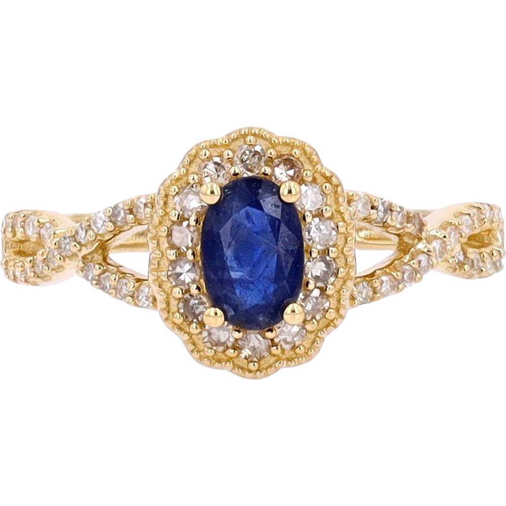14K White Gold Oval Sapphire and 0.25 Carats Diamond Halo Ring with Twisted Band