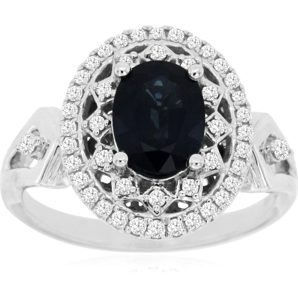 14K White Gold Oval Sapphire and Diamond Double Halo Ring - 1.40 Carat Sapphire, 0.30 Carat Total Diamond Weight - Royal Jewelry
