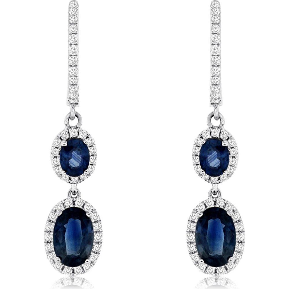 14K White Gold Oval Sapphire and Diamond Drop Earrings with Diamond Halo Detail - 1.76 Carat Total Sapphire Weight and 0.30 Carat Total Diamond Weight - Royal Jewelry