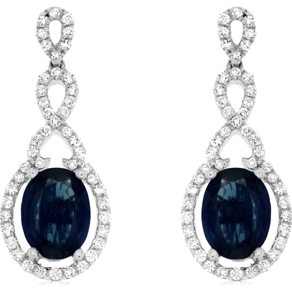 14K White Gold Oval Sapphire and Diamond Drop Earrings with Pave Set Chandelier Links - 2.00 Carat Total Sapphire Weight, 0.42 Carat Total Diamond Weight - Royal Jewelry