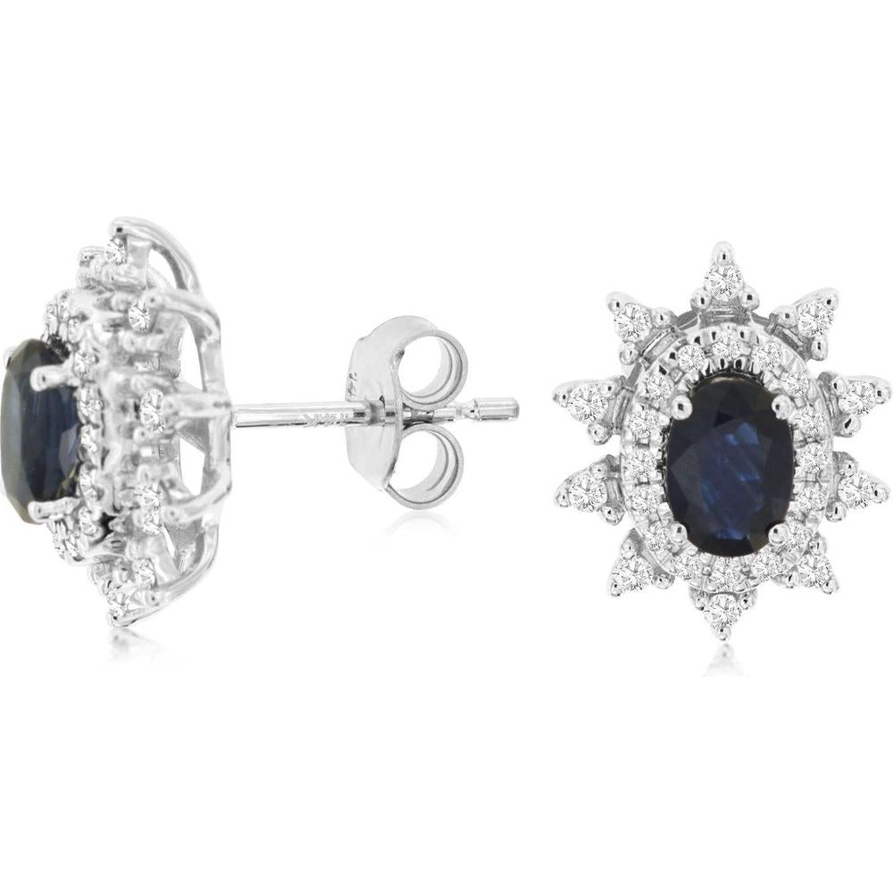 14K White Gold Oval Sapphire and Diamond Floral Stud Earrings - 1.30 Carat Total Sapphire Weight and 0.35 Carat Total Diamond Weight - Royal Jewelry