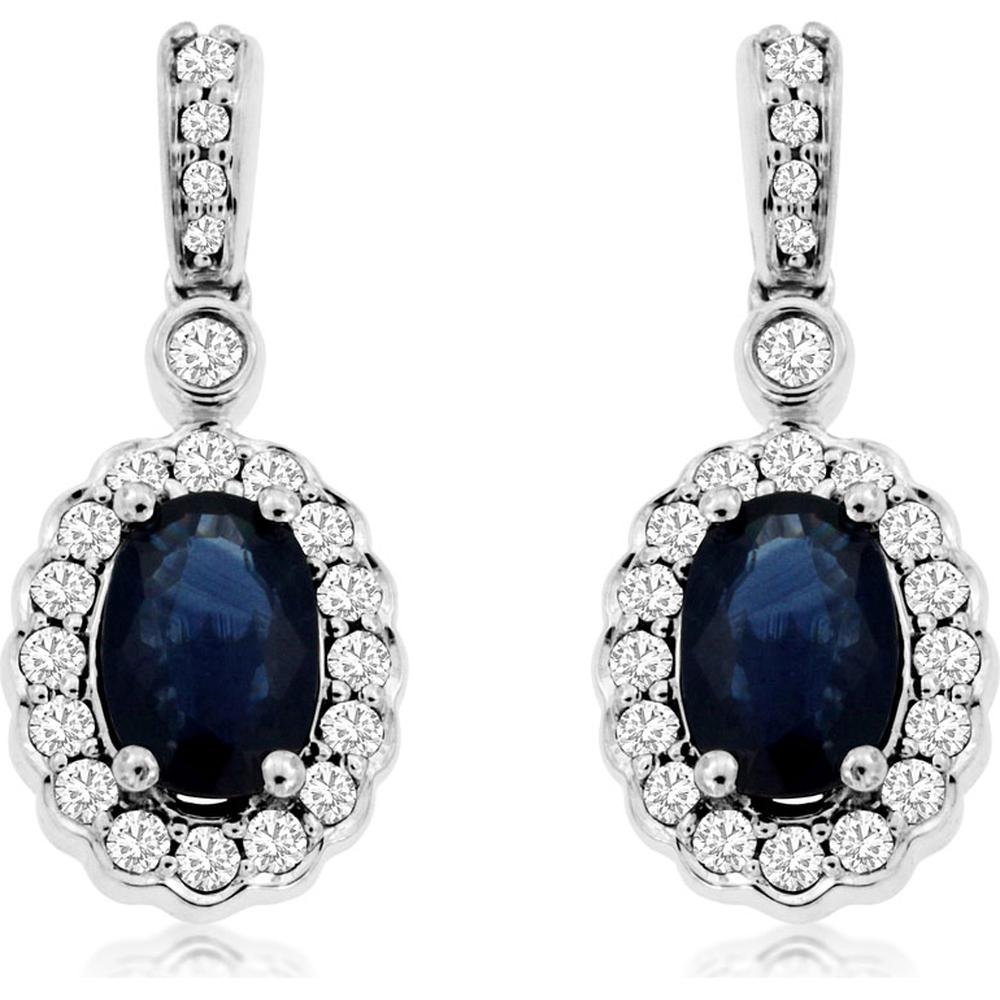 14K White Gold Oval Sapphire and Diamond Halo Drop Earrings - 1.30 Carat Total Sapphire Weight, 0.33 Carat Total Diamond Weight - Royal Jewelry