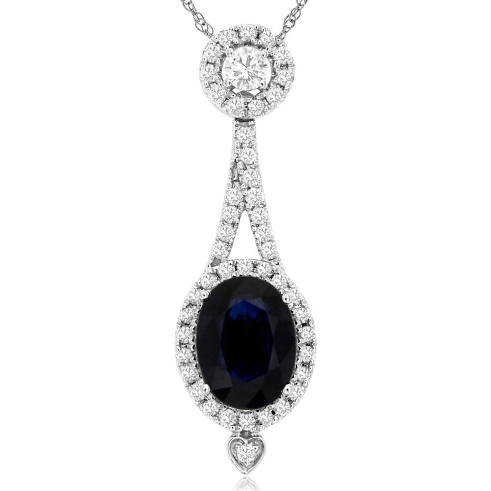 14K White Gold Oval Sapphire and Diamond Halo Drop Pendant with 1.47 Carat Sapphire and 0.33 Carat Total Diamond Weight - Royal Jewelry