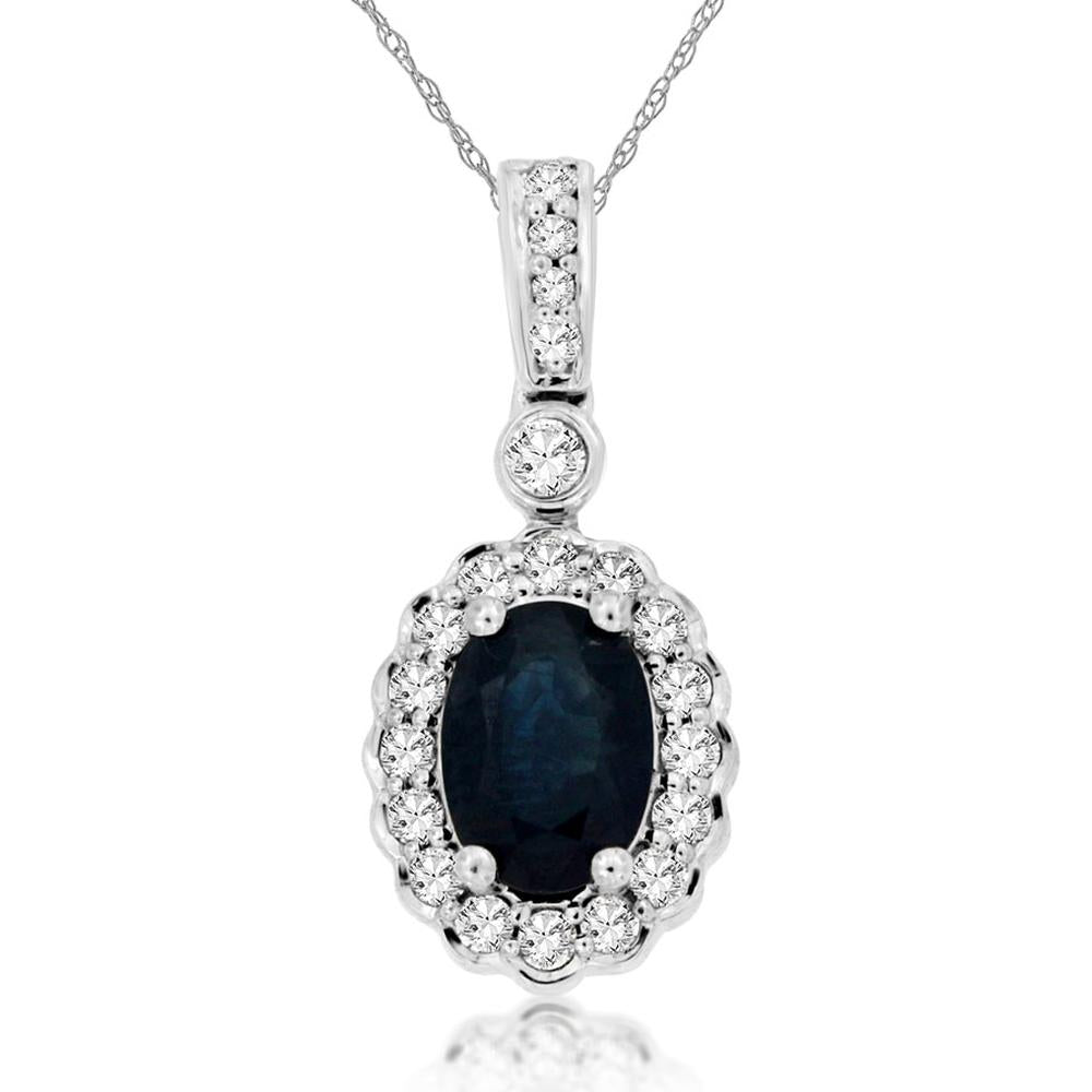 14K White Gold Oval Sapphire and Diamond Halo Pendant - 1.00 Carat Sapphire, 0.25 Carat Total Diamond Weight - Royal Jewelry