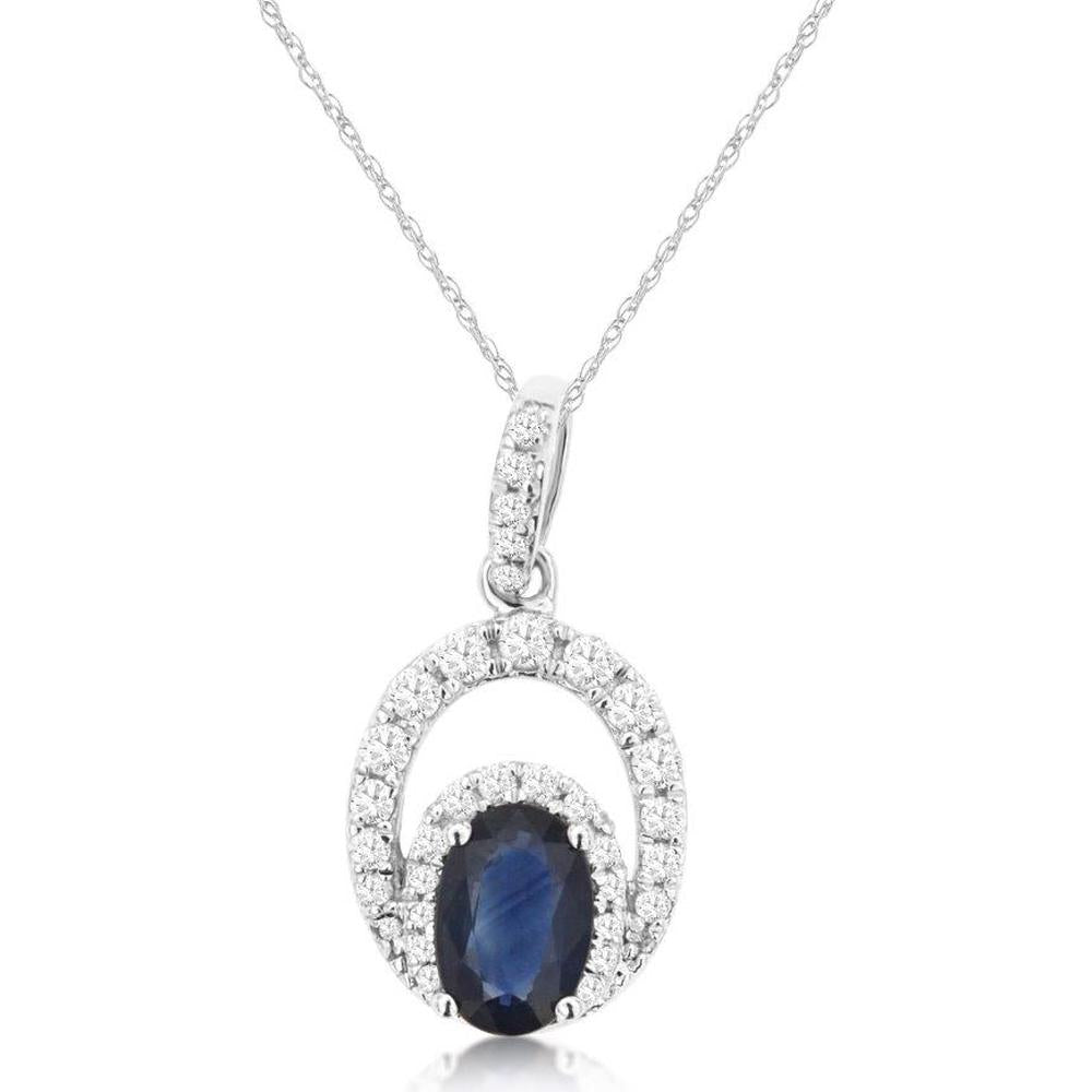 14K White Gold Oval Sapphire & Diamond Halo Pendant Necklace - 0.65 Carat Sapphire and 0.20 Carat Total Diamond Weight - Royal Jewelry