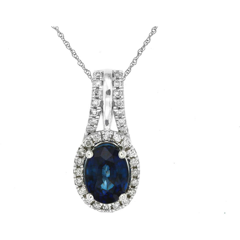 14K White Gold Oval Sapphire & Diamond Halo Pendant Necklace - 1.50 Carat Sapphire and 0.24 Carat Total Diamond Weight - Royal Jewelry