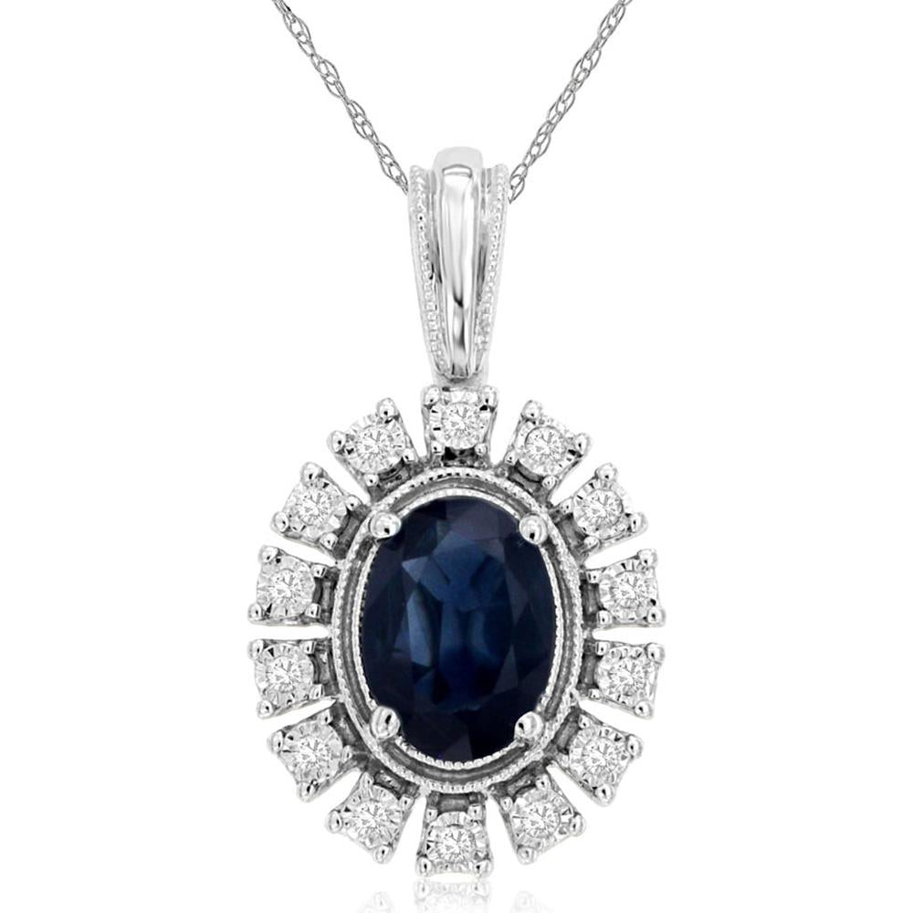 14K White Gold Oval Sapphire and Diamond Halo Pendant with Milgrain Detail - 1.00 Carat Sapphire, 0.07 Carat Total Diamond Weight - Royal Jewelry