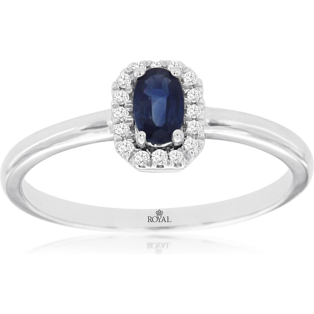 14K White Gold Oval Sapphire and Diamond Halo Ring - 0.23 Carat Sapphire and 0.06 Carat Total Diamond Weight - Royal Jewelry