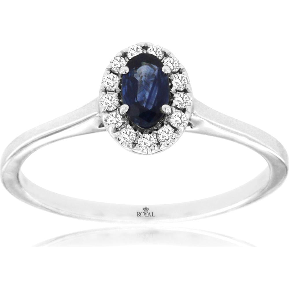 14K White Gold Oval Sapphire and Diamond Halo Ring – 0.28 Carat Sapphire, 0.10 Carat Diamond Total Weight - Royal Jewelry