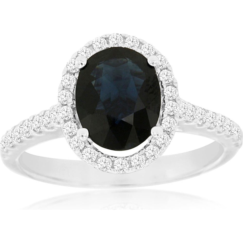 14K White Gold Oval Sapphire and Diamond Halo Ring - 2.10 Carat Sapphire and 0.44 Carat Total Diamond Weight - Royal Jewelry