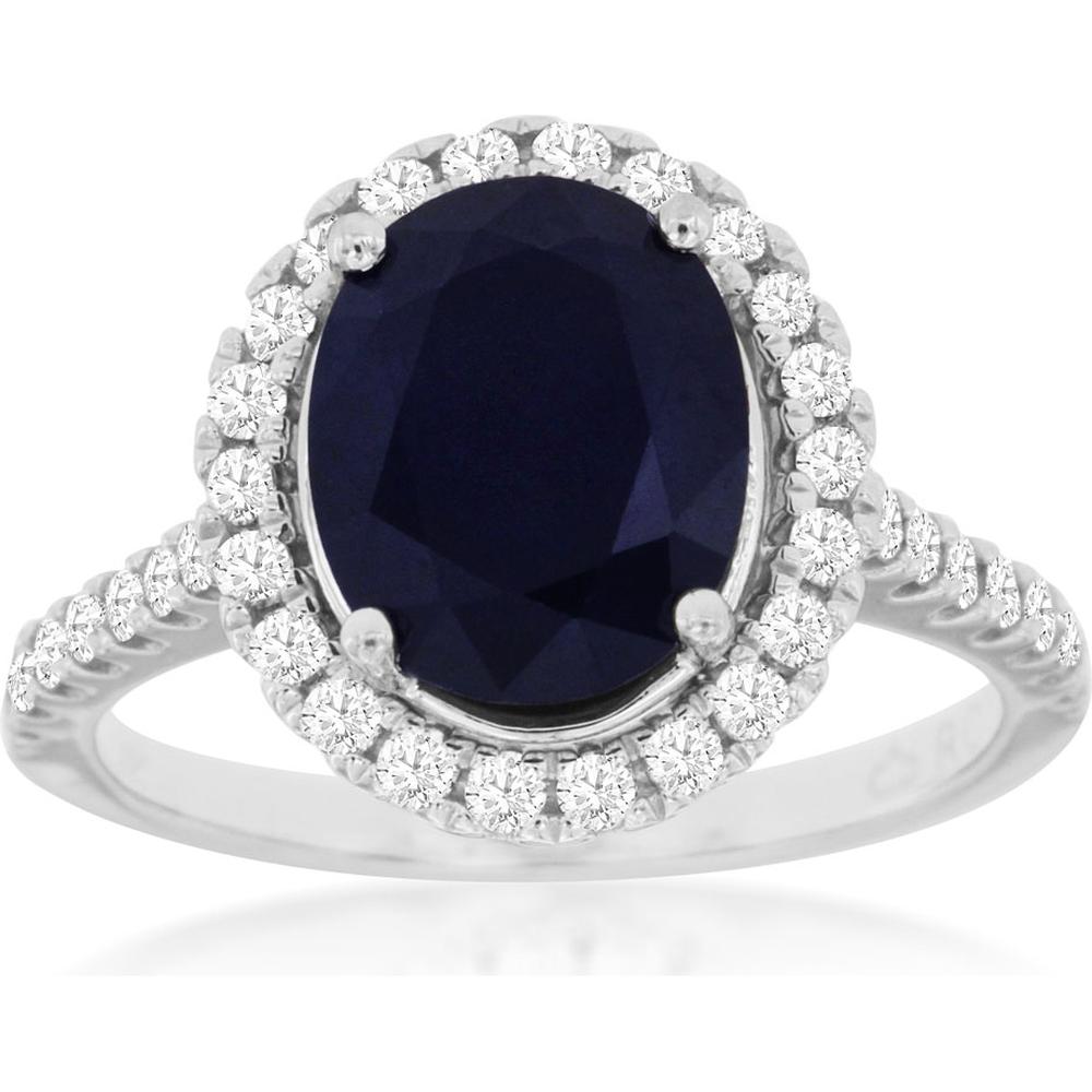 14K White Gold Oval Sapphire and Diamond Halo Ring - 2.9 Carat Sapphire and 0.60 Carat Total Diamond Weight - Royal Jewelry