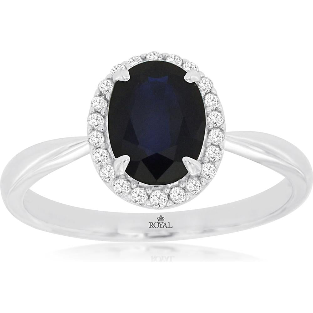14K White Gold Oval Sapphire and Diamond Halo Ring with 1.45 Carat Oval Sapphire and 0.14 Carat Total Diamond Weight - Royal Jewelry