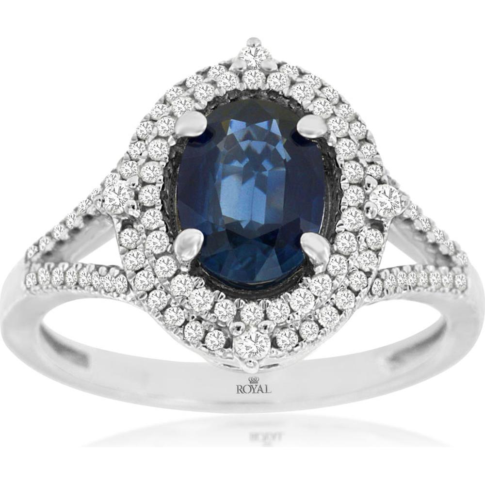 14K White Gold Oval Sapphire & Diamond Halo Ring with 1.45 Carat Sapphire and 0.33 Carat Total Diamond Weight - Royal Jewelry