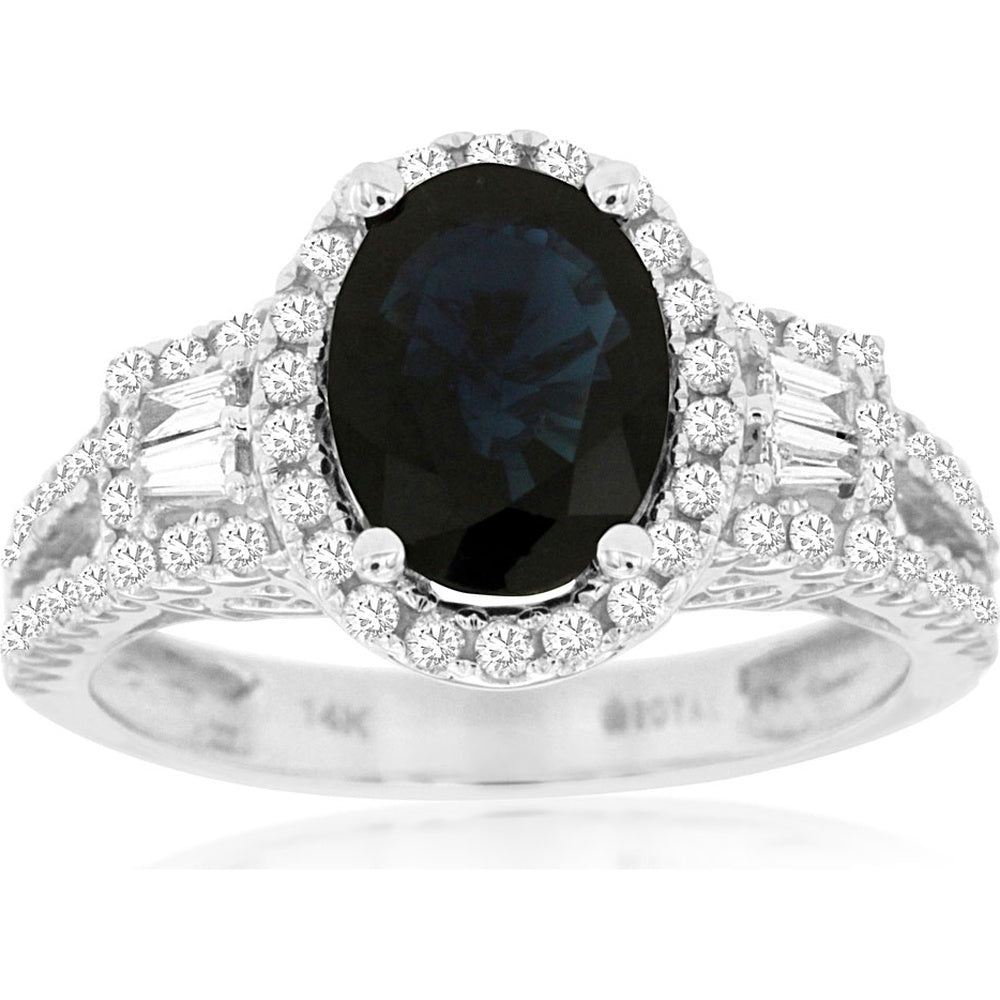 14K White Gold Oval Sapphire and Diamond Halo Ring with Baguette Shoulders - 2.10 Carat Sapphire and 0.58 Carat Total Diamond Weight - Royal Jewelry