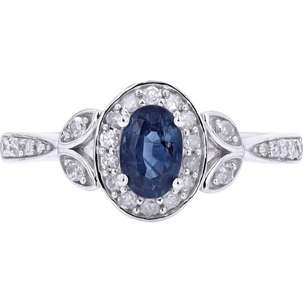 14K White Gold Oval Sapphire and Diamond Halo Ring with Milgrain Details - 1/3 Carats Total Diamond Weight