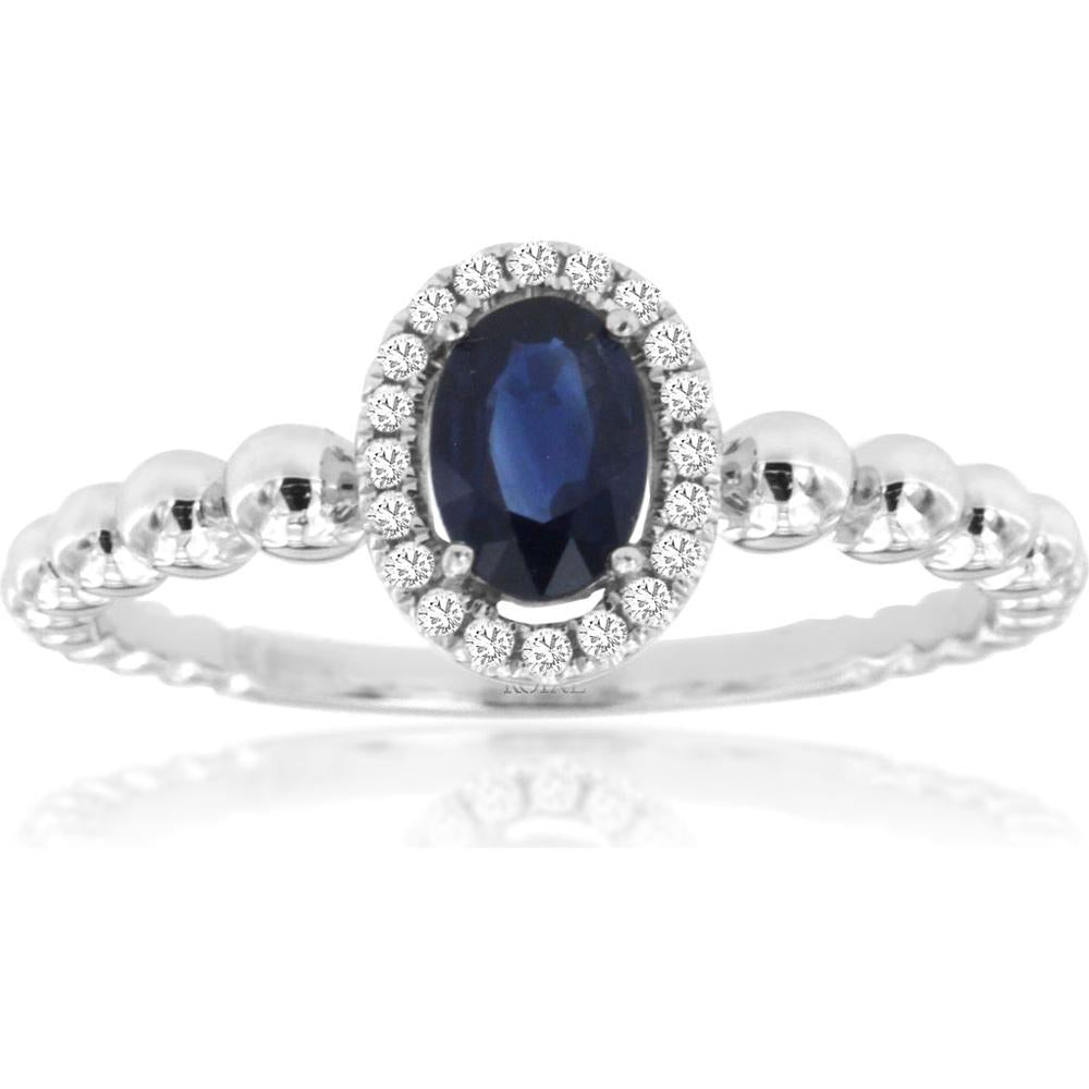 14K White Gold Oval Sapphire and Diamond Halo Ring with Textured Bead Shank - 0.65 Carat Sapphire, 0.08 Carat Total Diamond Weight - Royal Jewelry
