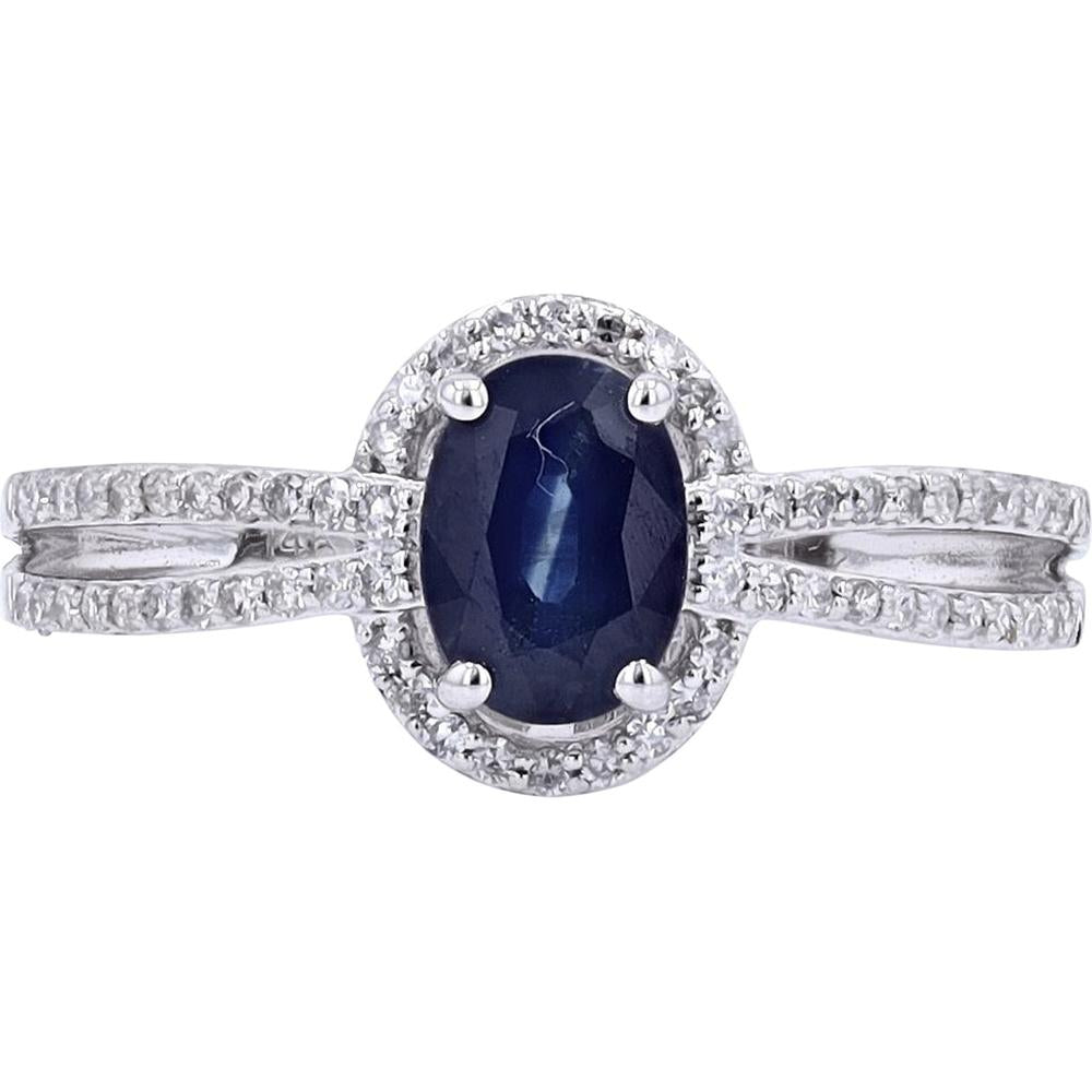 14K White Gold Oval Sapphire and Diamond Halo Split-Shank Ring - 0.30 Carats Total Diamond Weight