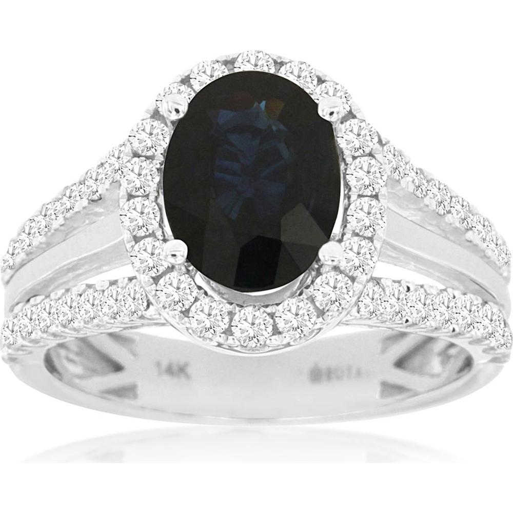 14K White Gold Oval Sapphire and Diamond Halo Split Shank Ring - 2.10 Carat Sapphire and 0.82 Carat Total Diamond Weight - Royal Jewelry