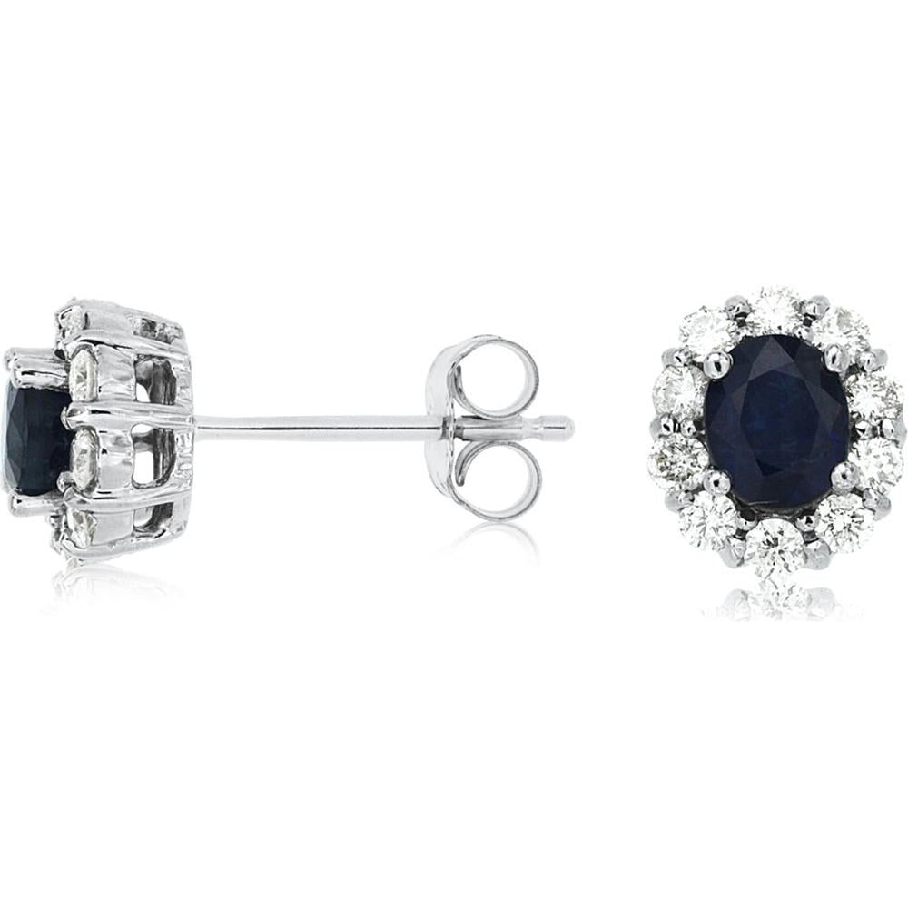 14K White Gold Oval Sapphire and Diamond Halo Stud Earrings - 0.90 Carat Sapphire Total Weight and 0.45 Carat Diamond Total Weight - Royal Jewelry