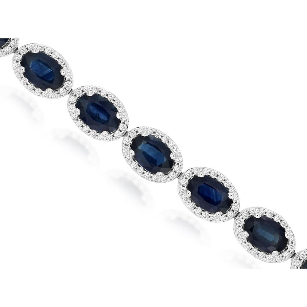 14K White Gold Oval Sapphire and Diamond Halo Tennis Bracelet - 12.00 Carat Sapphire & 1.40 Carat Diamond Total Weight - Royal Jewelry