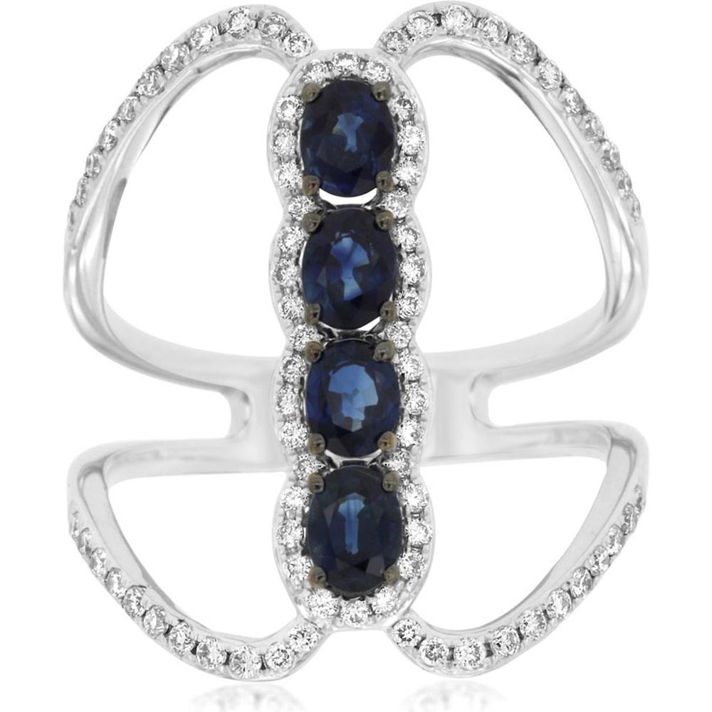 14K White Gold Oval Sapphire and Diamond Open-Work Ring with 0.95 Carat Sapphire and 0.40 Carat Total Diamond Weight - Royal Jewelry