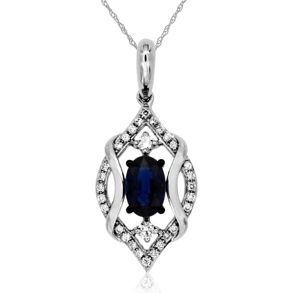 14K White Gold Oval Sapphire and Diamond Pendant with Vintage Milgrain Halo - 0.65 Carat Sapphire, 0.12 Carat Total Diamond Weight - Royal Jewelry