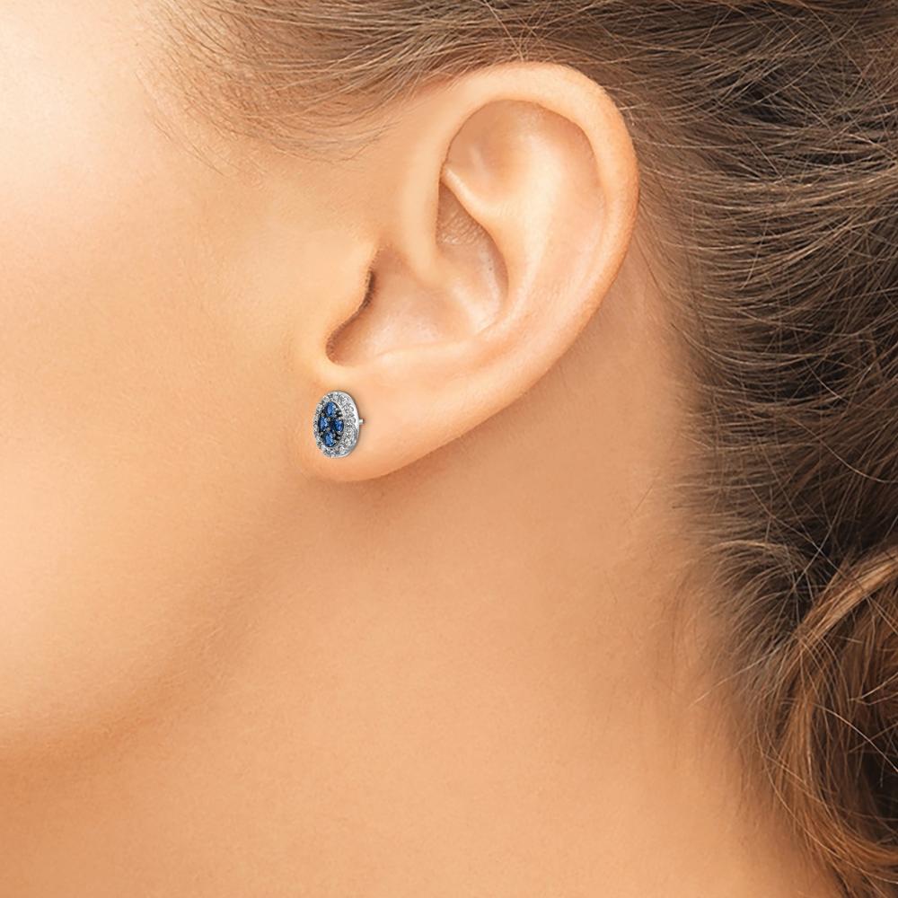 14K White Gold Oval Sapphire and Diamond Post Earrings - 0.12 Carat Total Sapphire Weight, 0.14 Carat Total Diamond Weight by Monteluci Fine Jewelry