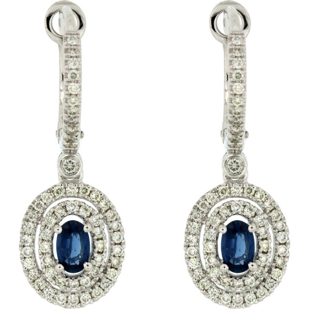 14K White Gold Oval Sapphire and Double Diamond Halo Drop Earrings with Diamond-Paved Lever Backs - 0.55 Carat Total Sapphire Weight, 0.60 Carat Total Diamond Weight - Royal Jewelry