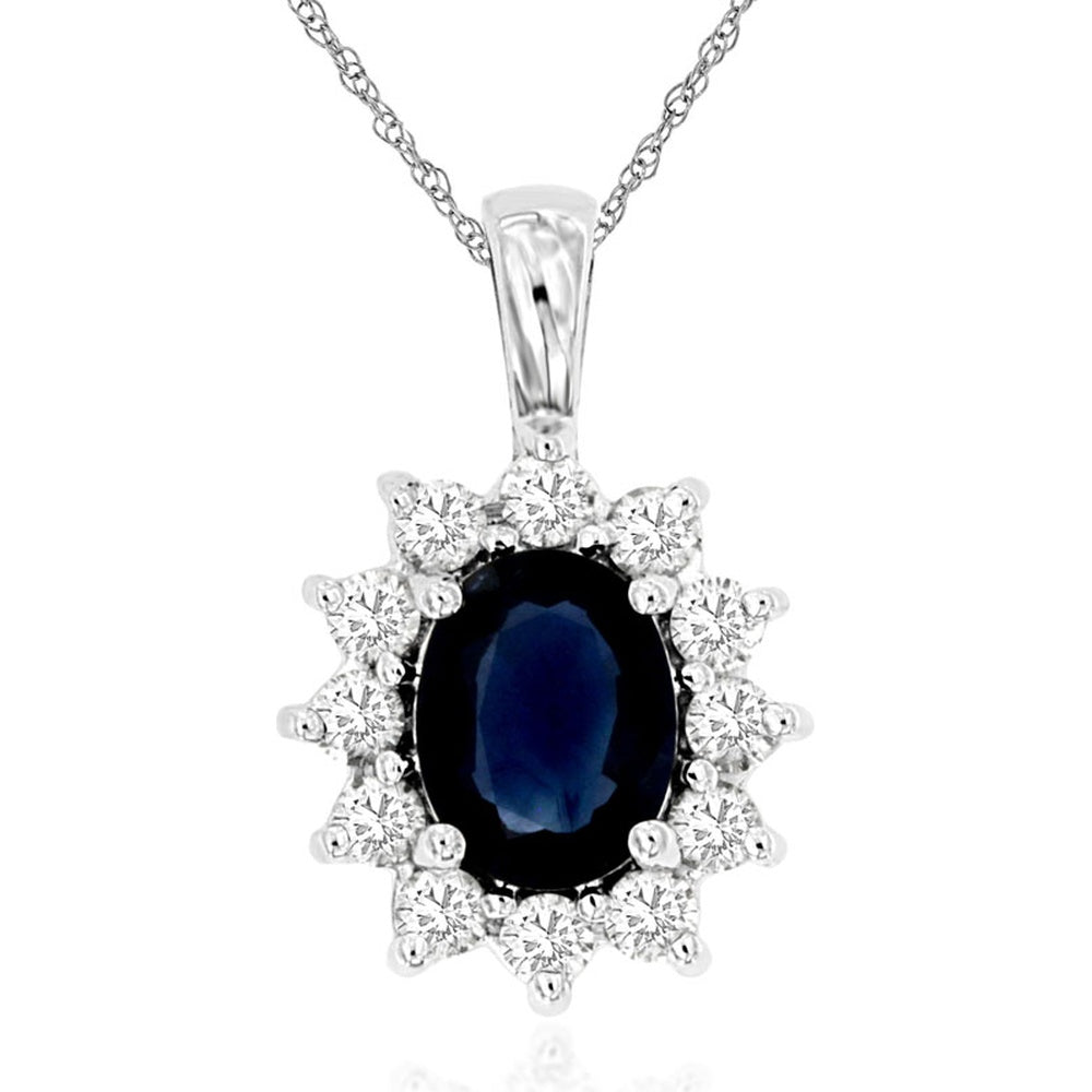14K White Gold Oval Sapphire and Round Diamond Halo Pendant Necklace - 1.40 Carat Sapphire and 0.63 Carat Total Diamond Weight - Royal Jewelry