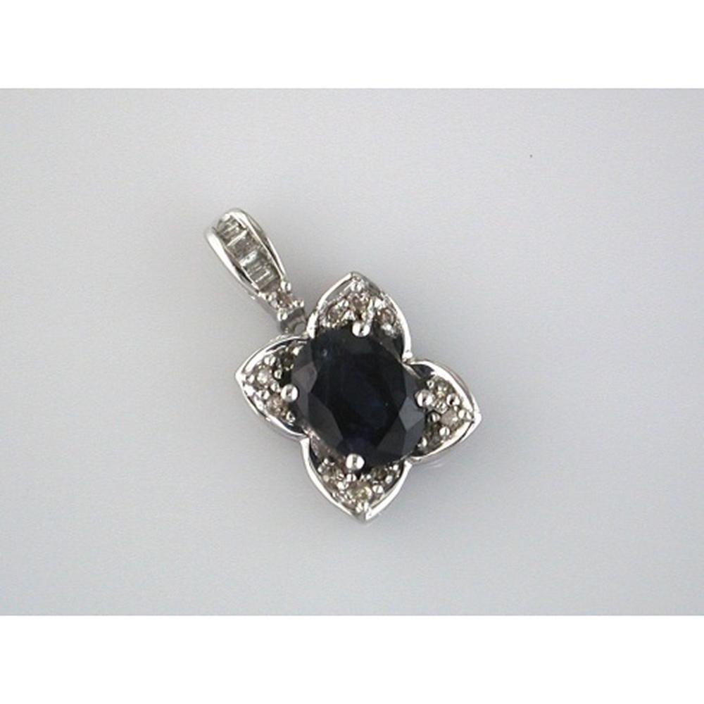 14K White Gold Oval Sapphire and Round Diamond Pendant - 1.00 Carat Sapphire and 0.10 Carat Total Diamond Weight - Royal Jewelry