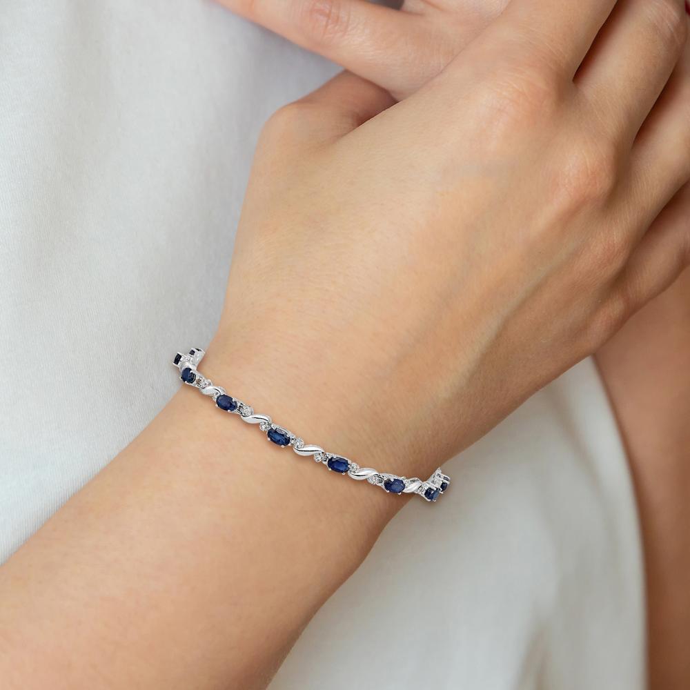 14K White Gold Oval Sapphire and Round Diamond Tennis Bracelet - 0.21 Carats Sapphire, 0.004 Carats Diamond Weight by Monteluci Fine Jewelry