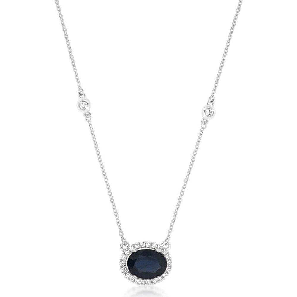 14K White Gold Oval Sapphire Halo Pendant Necklace with Diamond Station Accents - 1.47 Carat Sapphire, 0.27 Carat Total Diamond Weight - Royal Jewelry