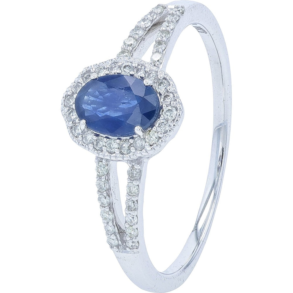14K White Gold Oval Sapphire Halo Ring with Split Shank Pavé Diamonds - 0.16 Carat Total Diamond Weight