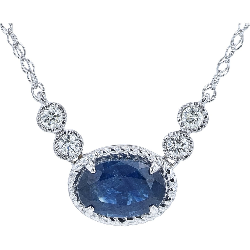 14K White Gold Oval Sapphire Necklace with Milgrain Detail and Round Diamond Accents - 0.60 Carat Sapphire and 0.05 Carat Total Diamond Weight