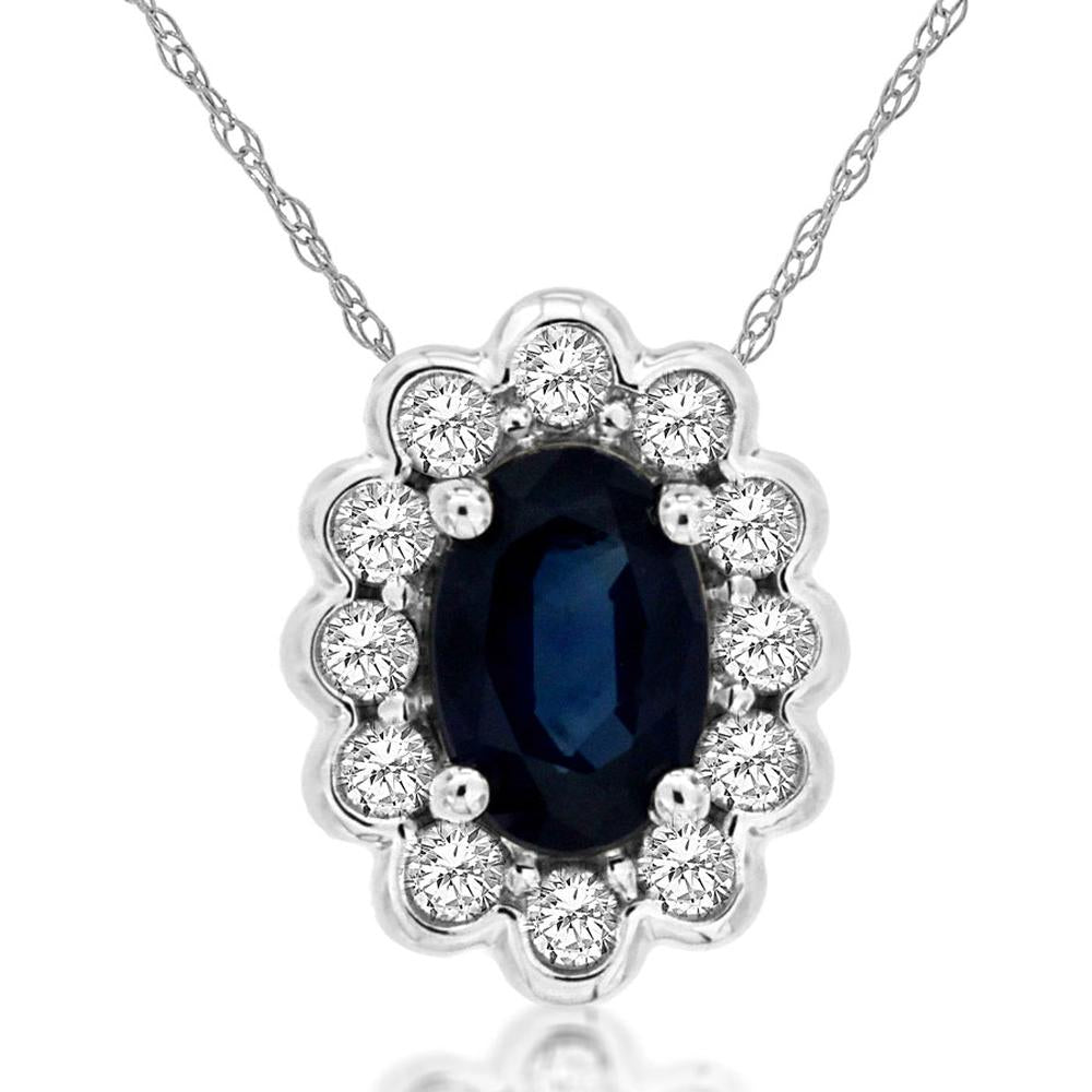 14K White Gold Oval Sapphire Pendant Necklace with Round Diamond Halo - 0.65 Carat Sapphire & 0.16 Carat Total Diamond Weight - Royal Jewelry