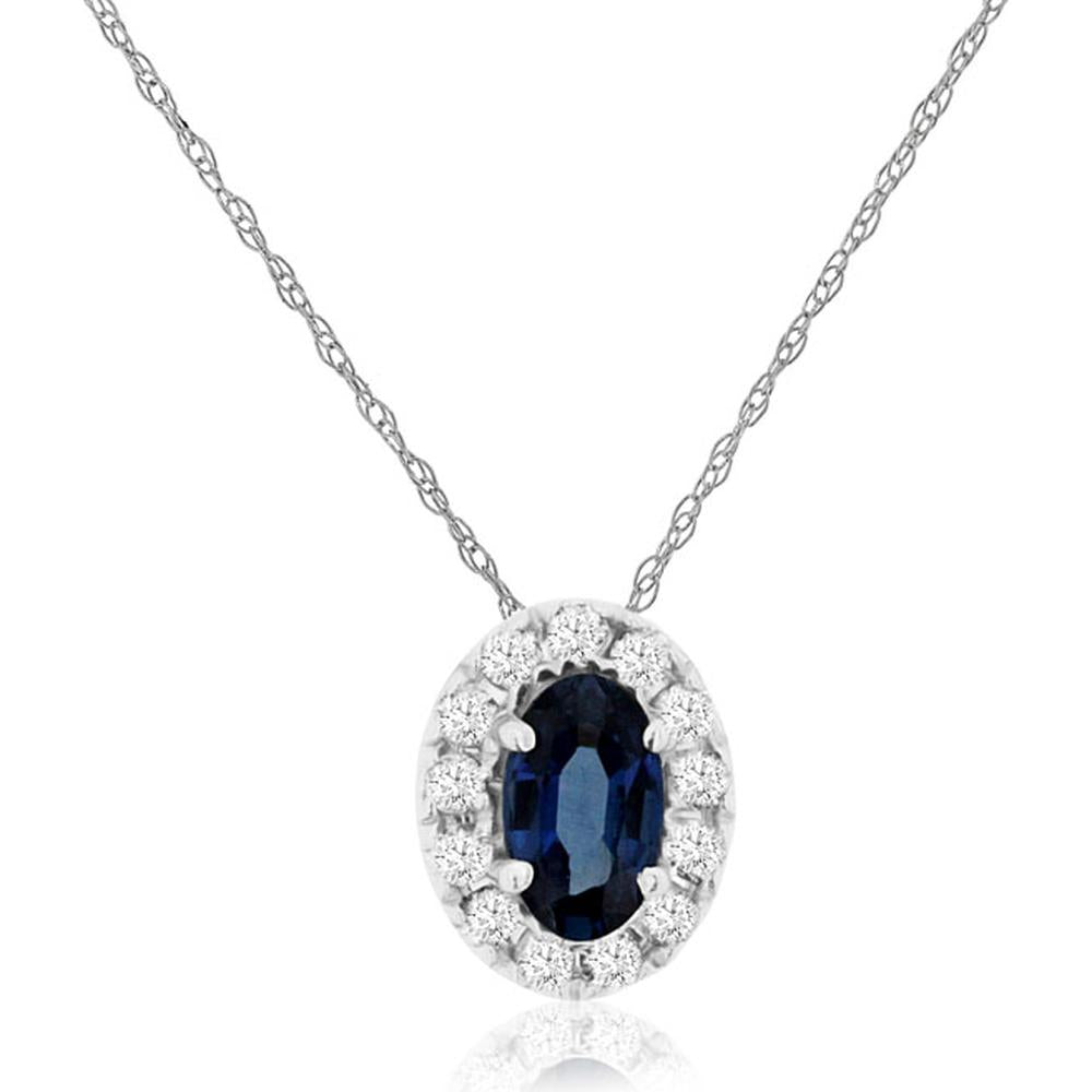 14K White Gold Oval Sapphire Pendant with Diamond Halo - 0.28 Carat Sapphire and 0.10 Carat Total Diamond Weight - Royal Jewelry