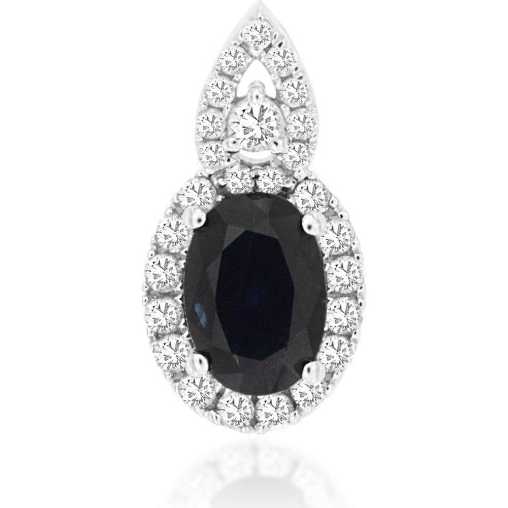 14K White Gold Oval Sapphire Pendant with Diamond Halo and Diamond-Studded Bail - 1.00 Carat Sapphire and 0.22 Carat Total Diamond Weight - Royal Jewelry