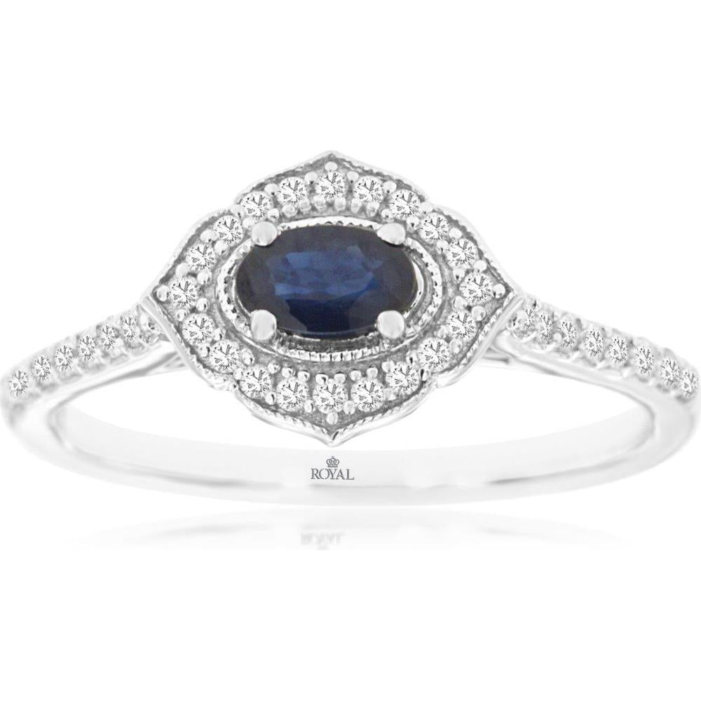 14K White Gold Oval Sapphire Ring with Diamond Halo and Diamond Band Accents - .28 Carat Sapphire, .20 Carat Total Diamond Weight - Royal Jewelry