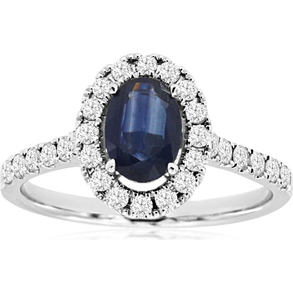 14K White Gold Oval Sapphire Ring with Diamond Halo and Pavé Shank - 1.00 Carat Sapphire and 0.47 Carat Total Diamond Weight - Royal Jewelry