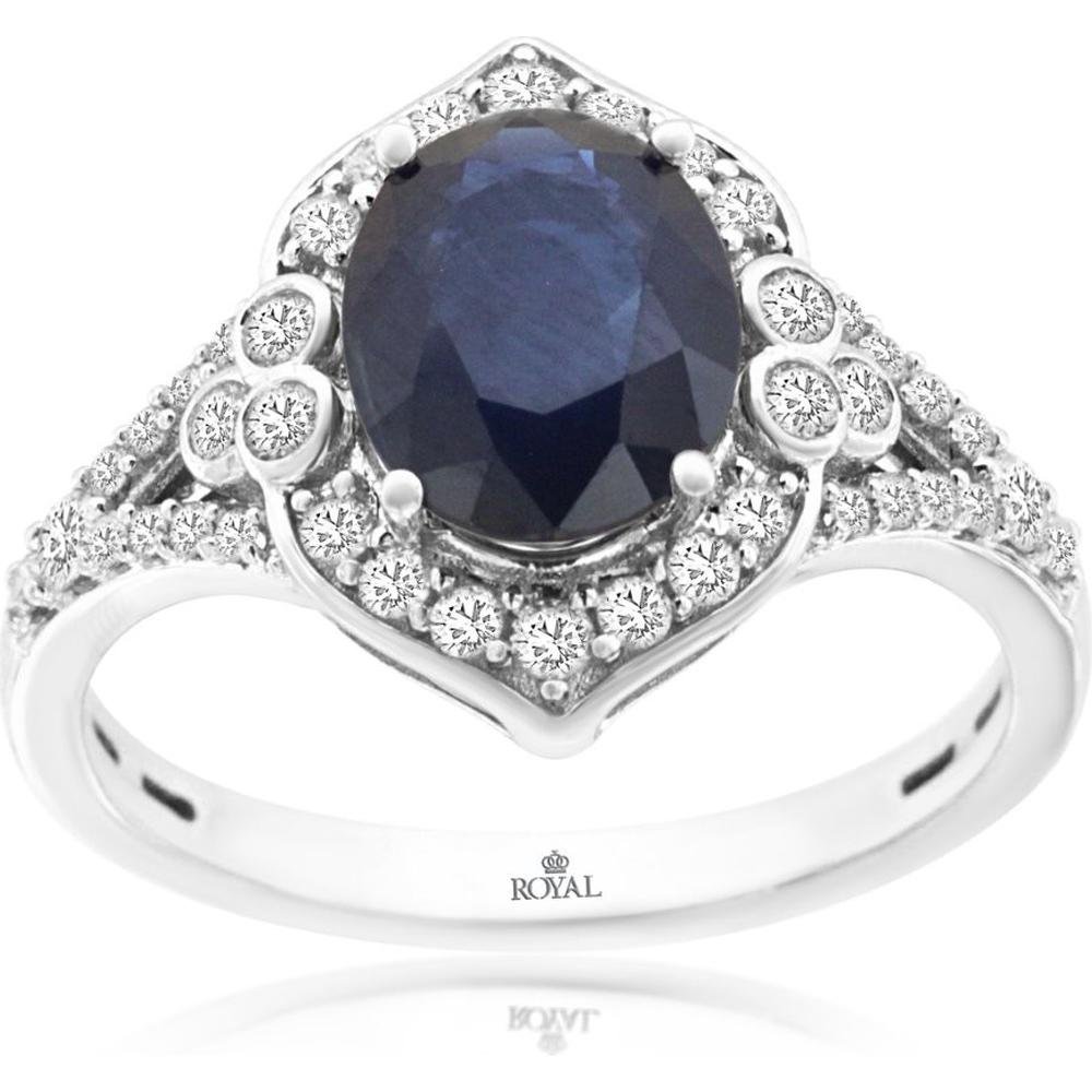 14K White Gold Oval Sapphire Ring with Diamond Halo and Split Shank - 2.10 Carat Sapphire, 0.40 Carat Diamond - Royal Jewelry