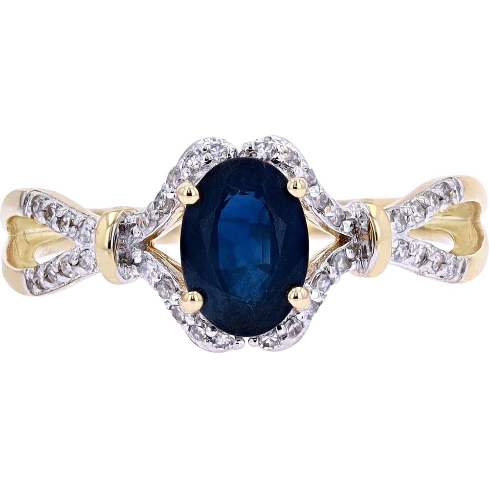 14K White Gold Oval Sapphire Ring with Yellow Gold Accents and Diamond Halo - 0.14 Carats Total Diamond Weight