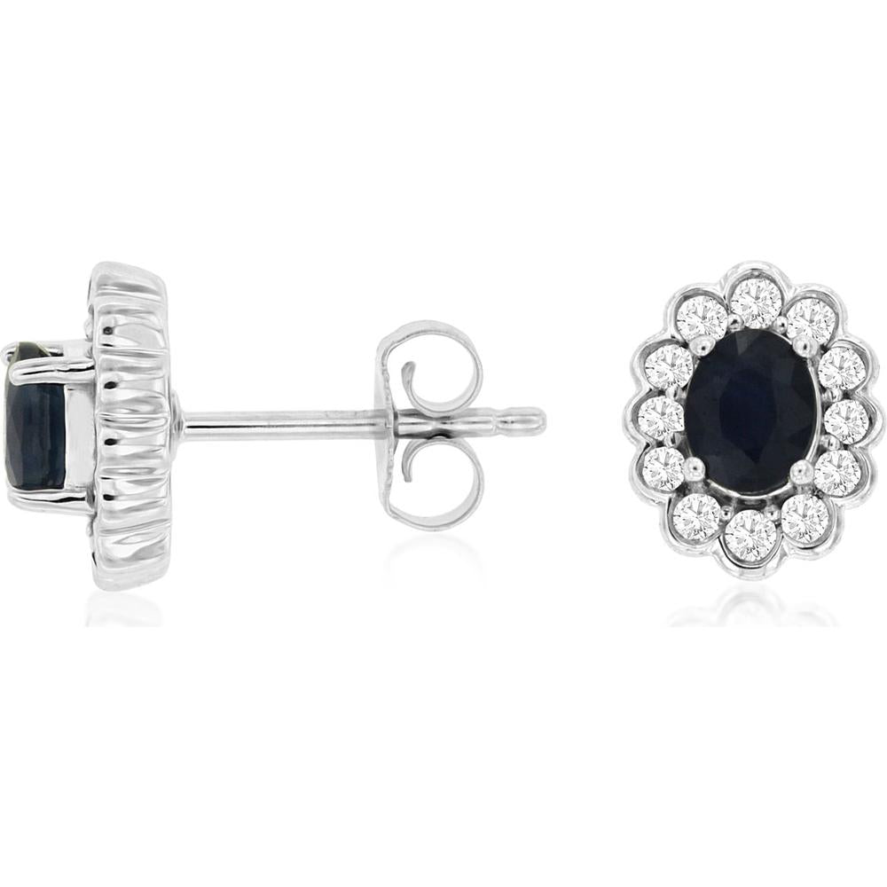 14K White Gold Oval Sapphire Stud Earrings with Diamond Halo - 0.88 Carat Total Sapphire Weight and 0.33 Carat Total Diamond Weight - Royal Jewelry