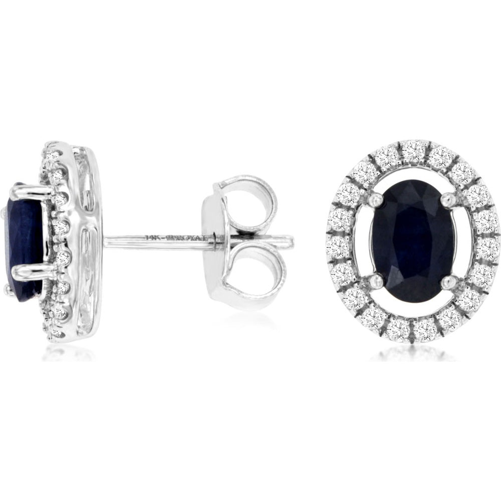 14K White Gold Oval Sapphire Stud Earrings with Diamond Halo - 1.30 Carat Total Sapphire Weight and 0.24 Carat Total Diamond Weight - Royal Jewelry
