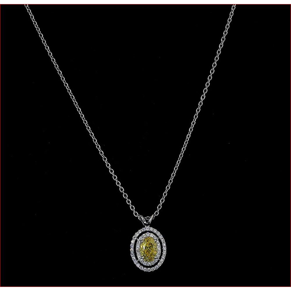 14K White Gold Oval Shape Double Halo Pendant with Fancy Vivid Yellow Lab Diamond and 48 Brilliant Cut Lab Diamonds - 1.16 Carat Total Diamond Weight - Covaloro Fine Jewelry