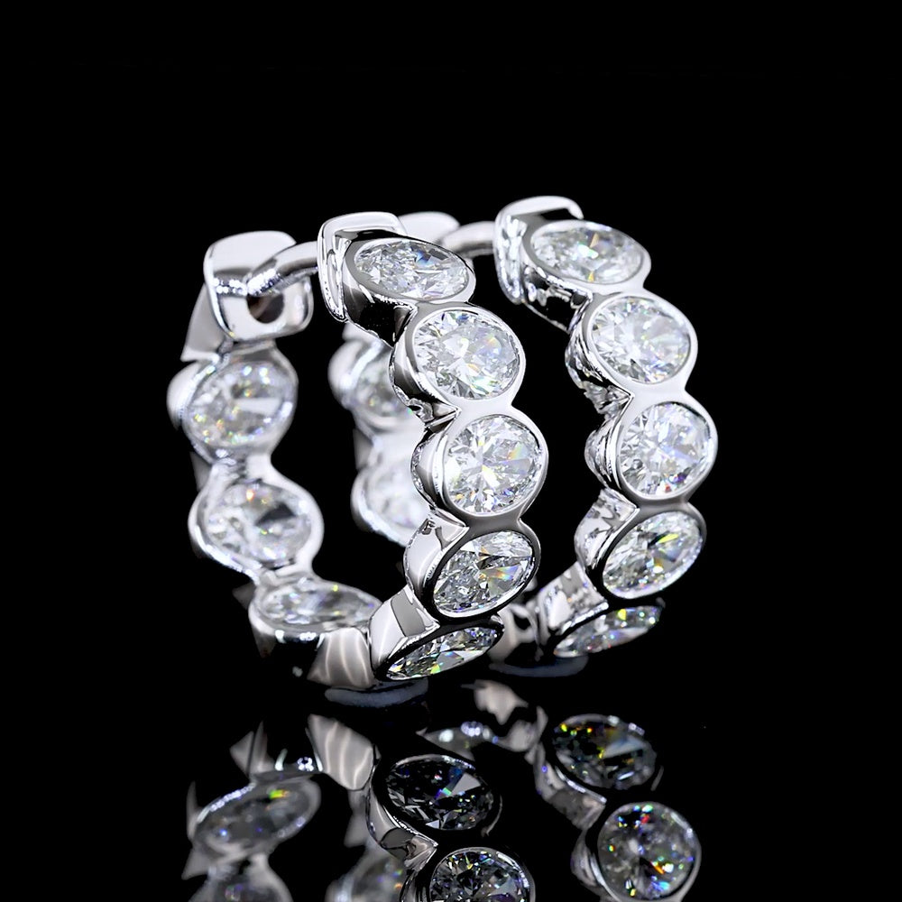 14K White Gold Oval Shape Huggie Earrings with Bezel Set Lab Grown Diamonds - 3.86 Carat Total Diamond Weight - Covaloro Fine Jewelry