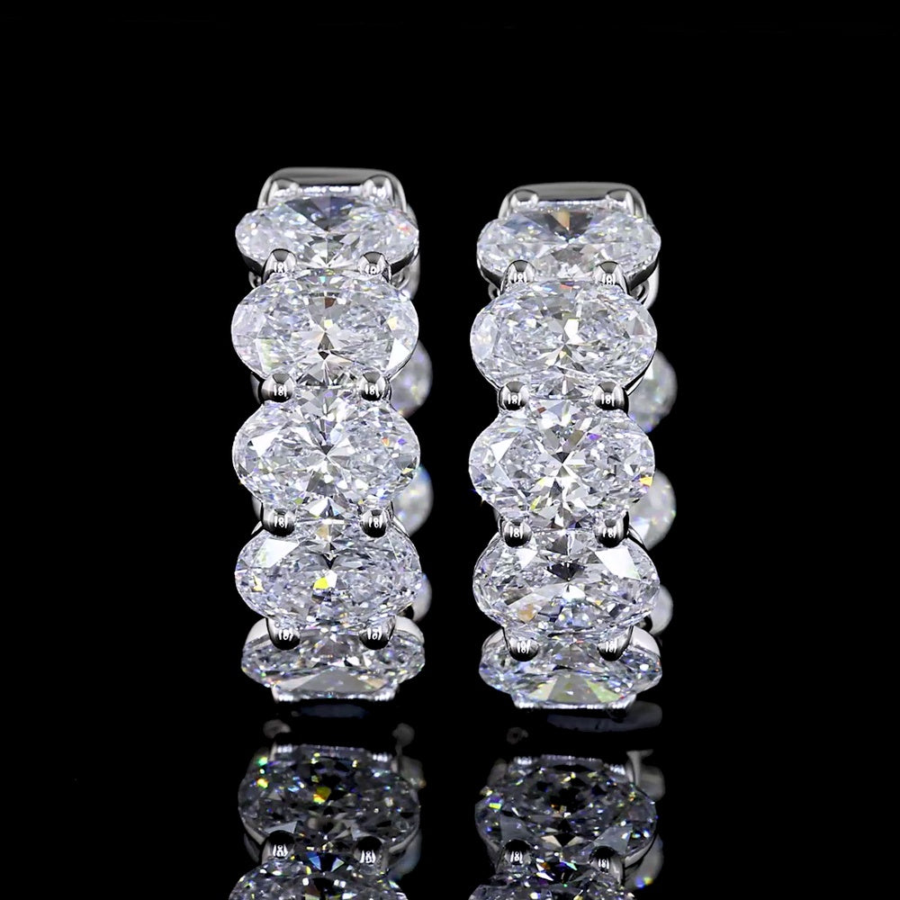 14K White Gold Oval Shape Huggies Earrings with 32 Prong Set Lab Diamonds - 8.62 Carats Total Diamond Weight - Covaloro Fine Jewelry
